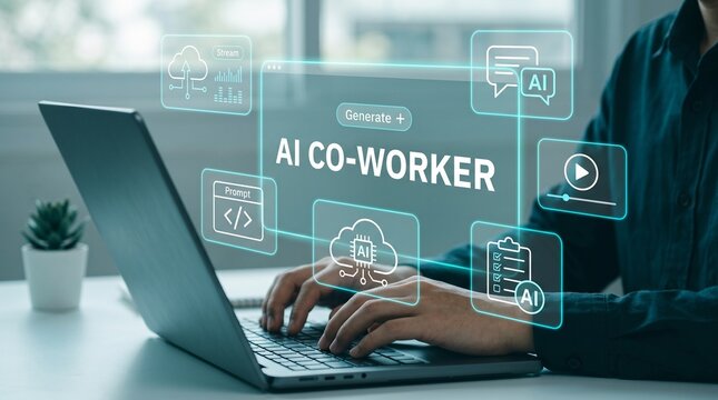 Person using laptop with ai co worker interface on screen in modern office setting with futuristic graphics
