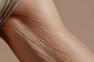 Fototapeta premium Close up of knee skin fold with natural lines and smooth texture showing fine wrinkles and soft lighting conveying gentle mood