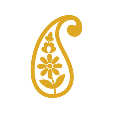 Gold buta paisley floral ornament icon isolated on white, elegant decorative ethnic design motif