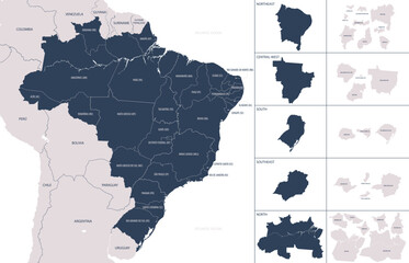 Detailed dark blue vector map of Brazil with administrative divisions into states and regions, with borders of neighboring South American countries