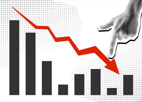 Trendy Halftone Collage Hand pointing on  graph down chart.Stock market statistics chart. Finance business data graph. Trending down wards. Contemporary vector illustration art