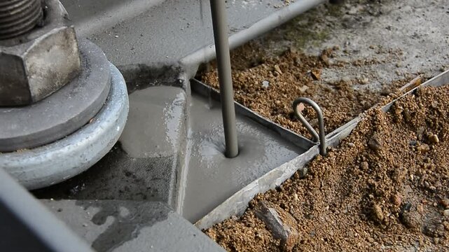Close-up of pouring the finishing layer of liquid cement into an iron construction mold