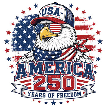 Cool american eagle in usa cap and flag sunglasses 250 years of freedom patriotic design with united states american sunglasses patriotic national celebration independence illustration