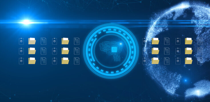 Ai artificial intelligence document management concept, online documentation database and digital file storage system or software, records keeping, database technology.