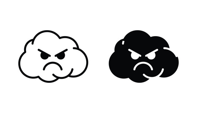 Angry storm cloud icon with scowling face in black and white line art and solid silhouette vector for weather graphics