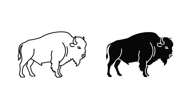 American bison side profile silhouette in black and white line art vector illustration style for wildlife design projects
