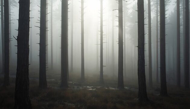 Dense fog moving through silent dead forest valley