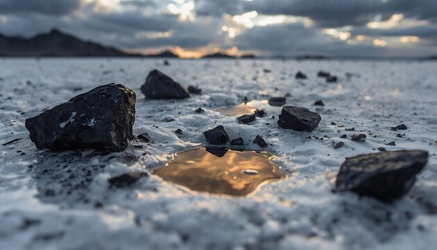 Meteorite fragments resting on reflective salt desert surface