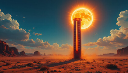 Fototapeta premium Surreal landscape features towering thermometer desert setting, with large sun radiating bright light. scene evokes feelings of heat and intensity, surrounded by dramatic clouds and distant rock