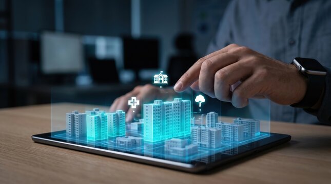 Smart City and PropTech Real Estate Concept: Hand Interacting with Holographic 3D City Map, Highlighting Residential Zones and Local Amenities on a Tablet
