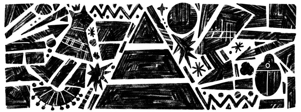 Black Egypt geometric shape with grunge pencil marker and crayon texture background design. Playful doodle and text box for ancient Egypt poster. Hand drawn vector set with rough geometry elements set