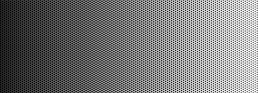 Honeycomb carbon pattern with hexagon mesh for tech and futuristic design. Dark nano fiber texture fades from solid to light tone. Small honeycomb vector background with geometric bg.