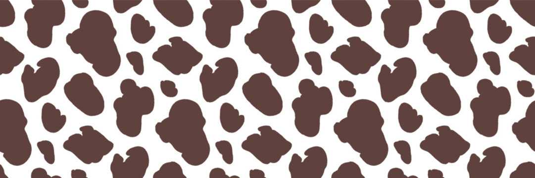 Animal seamless pattern with cow spot in brown and white. Organic cowhide and boho blob as hand drawn vector on white. Earthy dalmatian motif with simple cattle skin for fashion animalistic fabric.