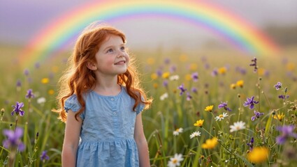 Obraz premium Young redheaded girl gazing at rainbow in flower meadow