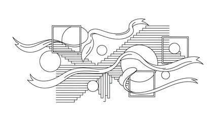 Obraz premium Abstract geometric line art composition with flowing ribbons and shapes.