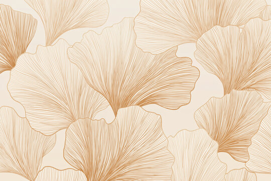 Delicate pale warm white seamless pattern with ultra thin floral line art creating elegant ginkgo leaf silhouettes and soft flowing texture, suitable for wallpaper and textile design