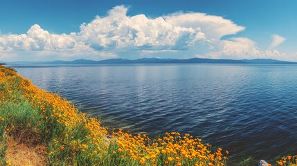 Obraz premium Panoramic lakeside meadow with orange wildflowers, blue water, distant mountains and fluffy clouds under bright summer sky.