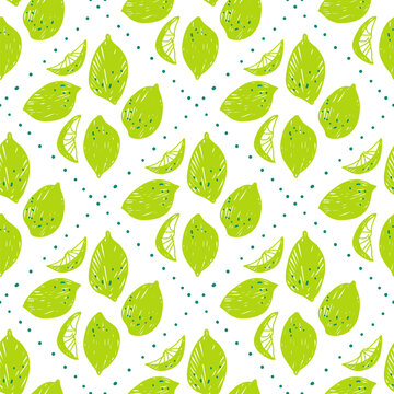Lime seamless pattern with rhombus dots on white. Citrus fruit aop print and doodle for summer pastel card. Vector lime repeat pattern with hand drawn texture and food motif.