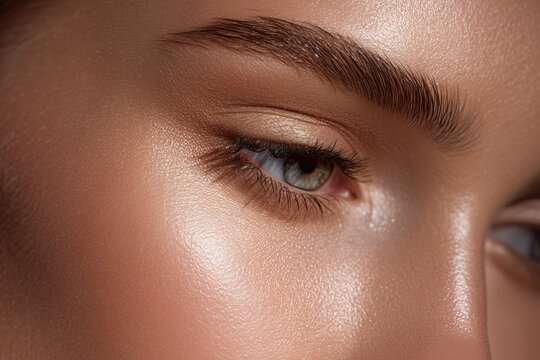 Close up eyebrow and eye with dewy skin texture, subtle pores and soft glow, natural makeup highlighting eyebrow tail and lashes with warm skin tone and luminous sheen