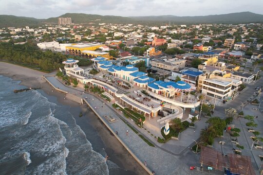 Aerial Sunset View of Puerto Colombia Beach and Pier Near Barranquilla Colombia