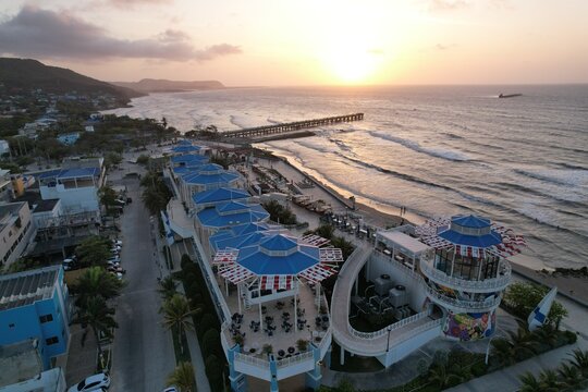 Aerial Sunset View of Puerto Colombia Beach and Pier Near Barranquilla Colombia