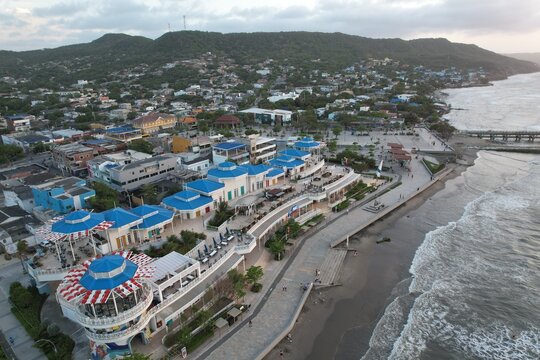 Aerial Sunset View of Puerto Colombia Beach and Pier Near Barranquilla Colombia