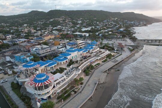 Aerial Sunset View of Puerto Colombia Beach and Pier Near Barranquilla Colombia