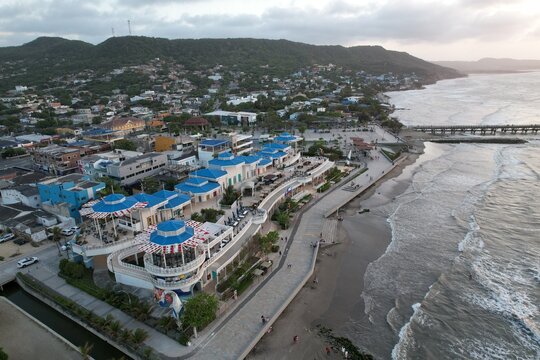 Aerial Sunset View of Puerto Colombia Beach and Pier Near Barranquilla Colombia