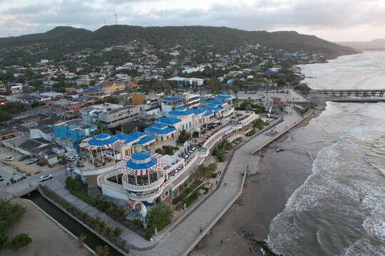 Aerial Sunset View of Puerto Colombia Beach and Pier Near Barranquilla Colombia