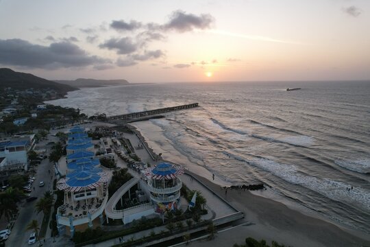 Aerial Sunset View of Puerto Colombia Beach and Pier Near Barranquilla Colombia