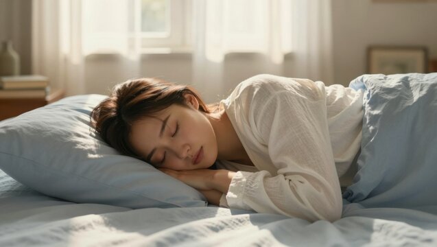 Young woman sleeping on side in sunlit modern bedroom peaceful morning