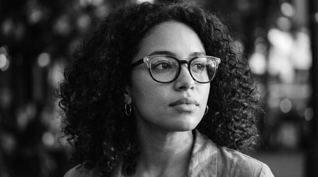 Cinematic Black and White Close-Up Portrait of Young Woman with Glasses in Dramatic Golden Side Light
