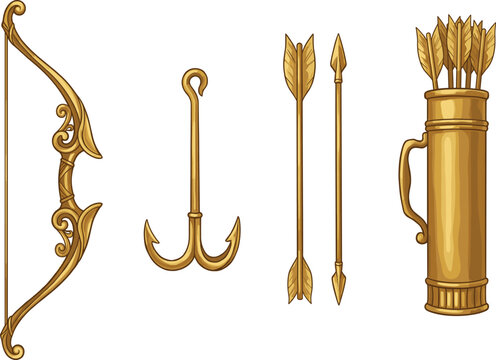 Golden fantasy archery set including ornate bow arrows quiver and grappling hook vector illustration