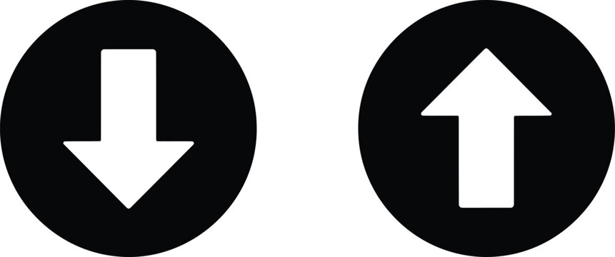Up and down arrow icons on black circles with direction movement increase decrease progress navigation interface transfer download feedback