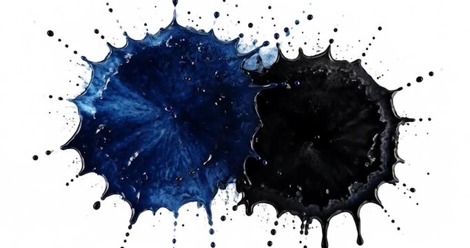 Black and blue ink splash liquid paint abstract isolated splash on white background with dynamic droplets fluid motion artistic energetic visual effect pattern
