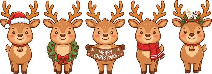 Cute Christmas reindeer cartoon characters set wearing santa hat scarf and wreath for holiday season vector © VectoVerse