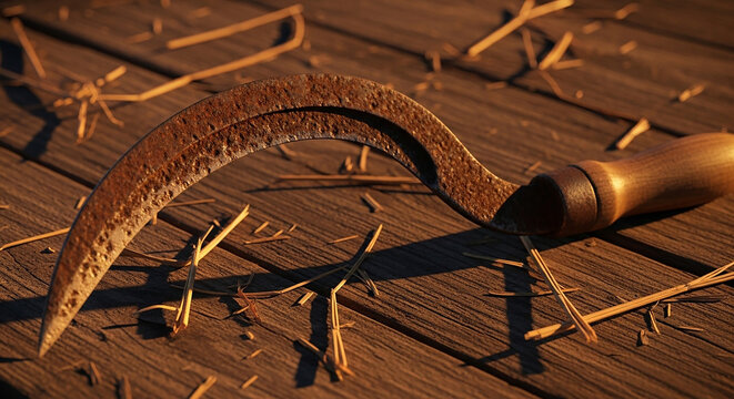 Rusty Sickle on Wooden Planks with Straw - Rural Farming Tool, Harvest Season