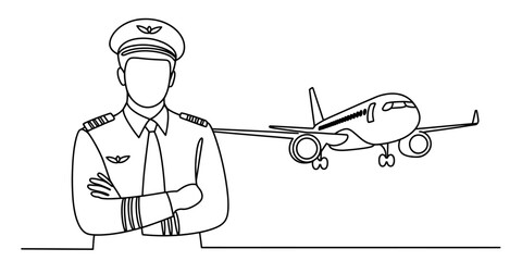 Continuous line drawing of an airplane pilot with a plane isolated on white background, Vector © Sojib