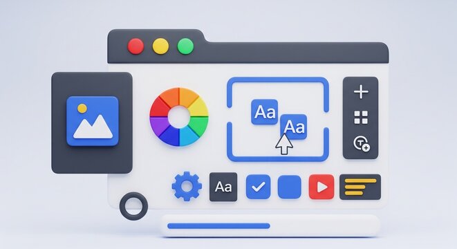 3D Render of a Creative Design Interface Window with Editing Tools and Icons for Digital Graphic Projects