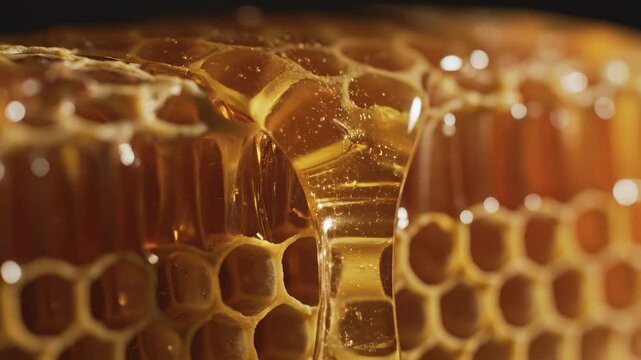 This captures a close-up view of honey dripping from a beehive, highlighting the intricate details of the honeycomb cells and the golden, viscous liquid. The dark background emphasizes the texture and