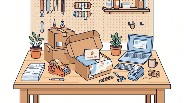Illustration of a well-organized shipping station with boxes, tape dispenser, calculator, laptop, and plants on a desk with a pegboard in the background