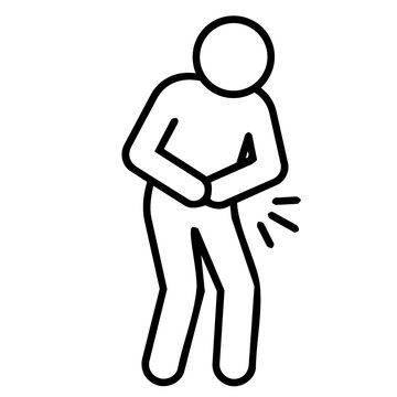 Person suffering from stomachache and abdominal pain, minimalist line art icon representing indigestion, stomach ulcer, and digestive health issues.