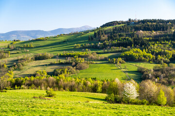 Fototapeta premium view on Karkonosze and Kaczawskie mountains during spring in Poland