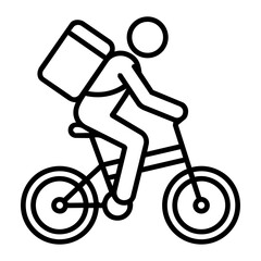 Obraz premium Food delivery courier riding bicycle with thermal backpack, minimalist line art icon for eco-friendly express delivery service.