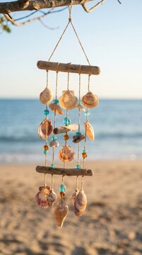 Beach shell wind chime hanging from a tree branch on a sunny tropical coast with sandy beach and ocean background. Handmade seashell home decor and summer vacation concept