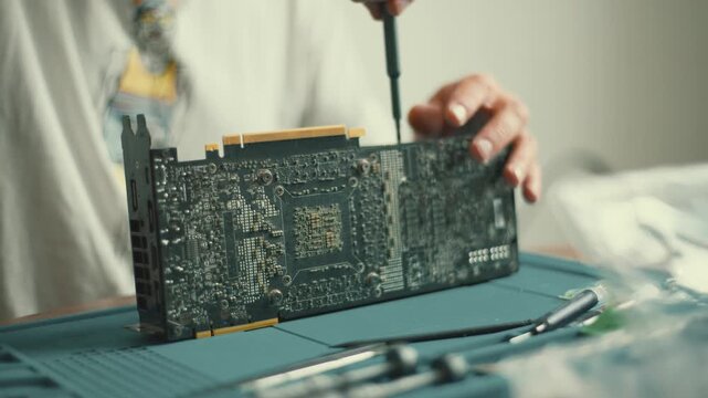 Working on a computer graphics card repair in a home workshop setting during the afternoon