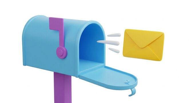 3D Render of a Blue Mailbox with a Yellow Envelope Flying Out, Isolated on a White Background