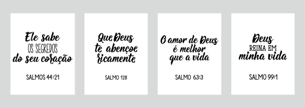 Set of biblical phrases in Portuguese. Translation from Portuguese - God's love is better than life, May God richly bless you, God reigns in my life. Perfect design for greeting cards, posters and soc