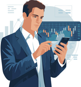 Focused businessman in a sharp suit analyzes dynamic financial stock market trends using his mobile phone for quick digital trading