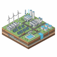 Obraz premium Modern Industrial Energy Production and Distribution System Illustration.